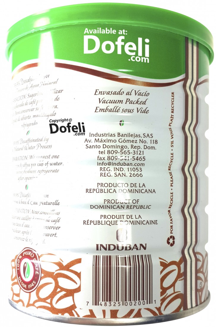 Premium Santo Domingo Dominican decaffeinated coffee, dark roasted. Full-bodied and naturally processed.